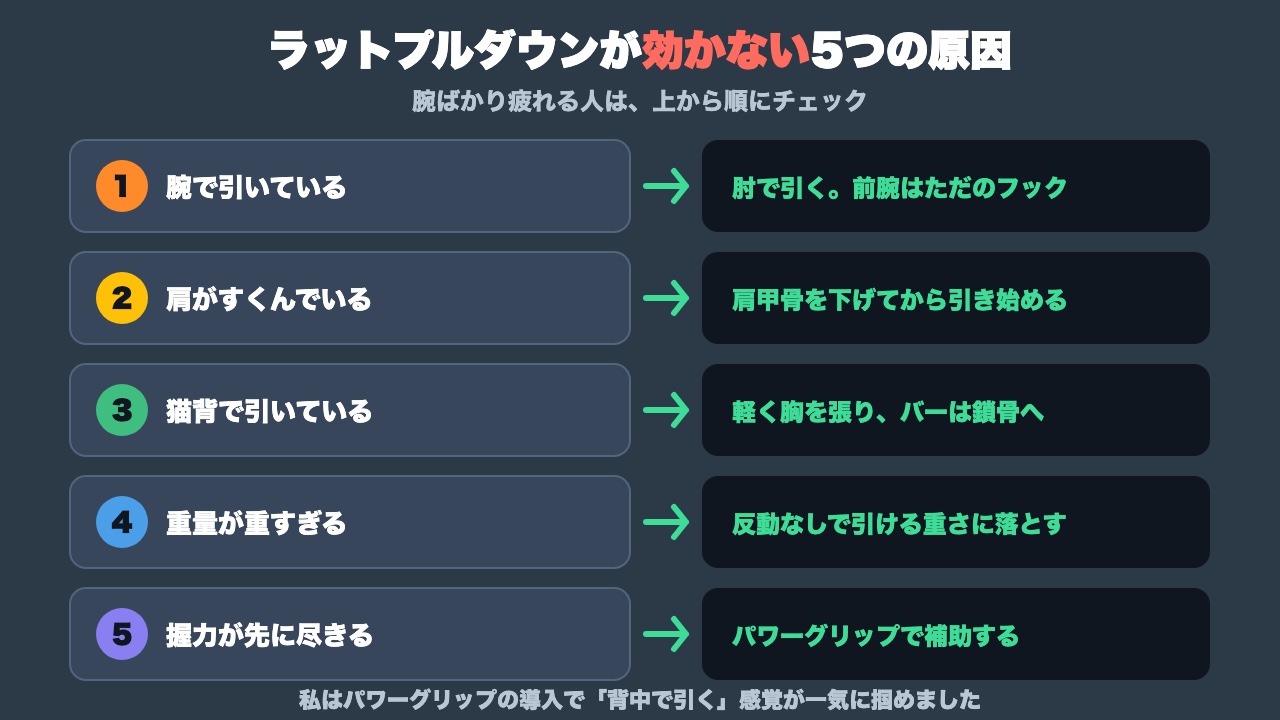ラットプルダウンが背中に効かない5つの原因の図解