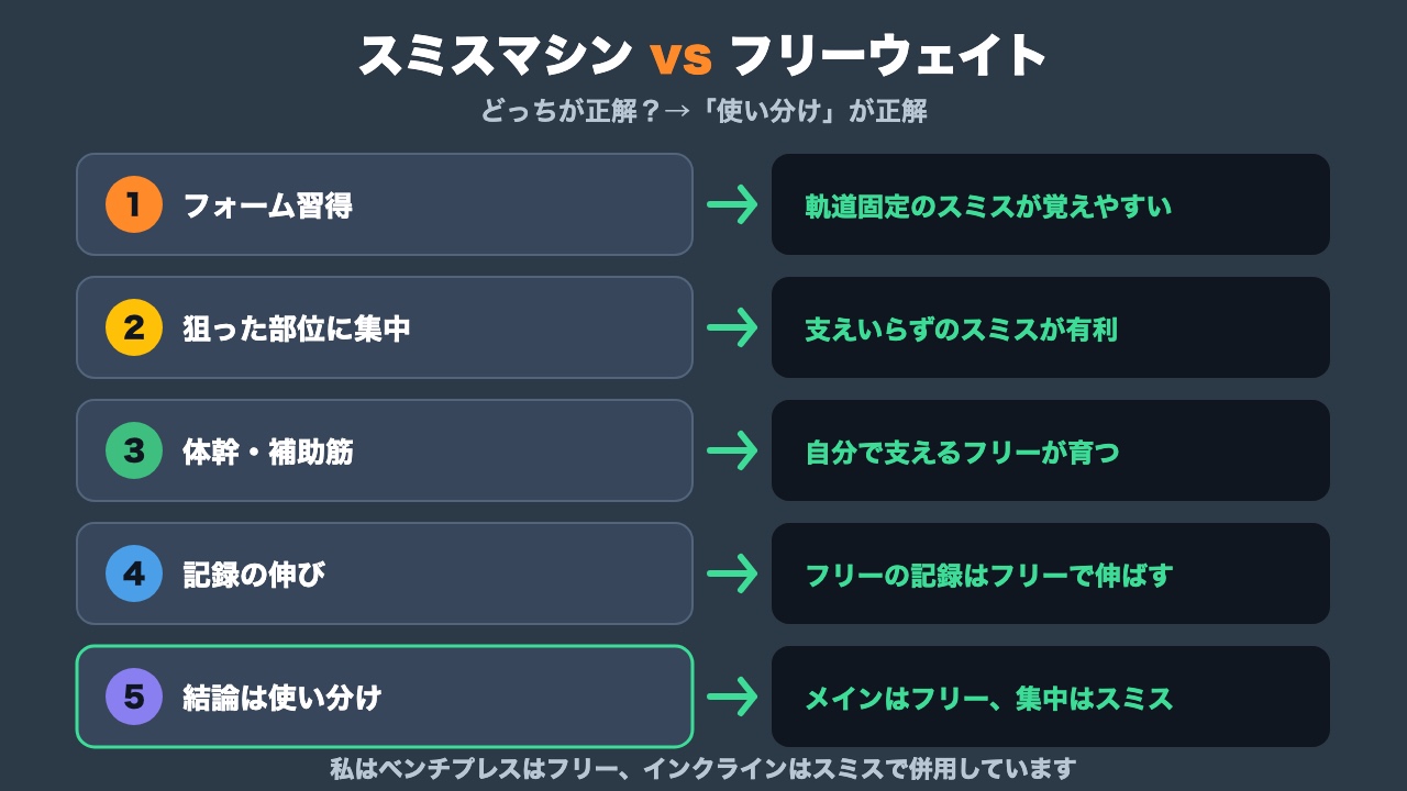 スミスマシンとフリーウェイトの違いの図解