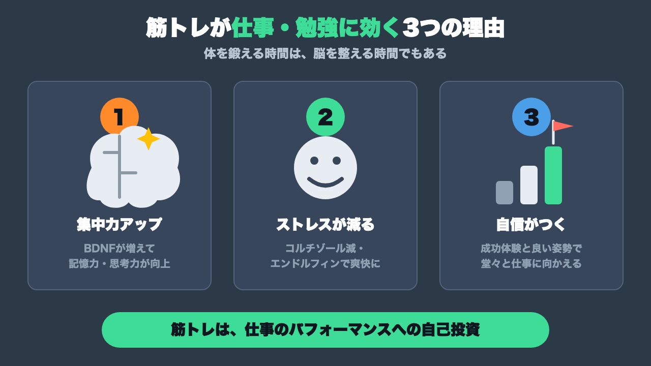 筋トレが仕事・勉強に効く3つの理由の図解