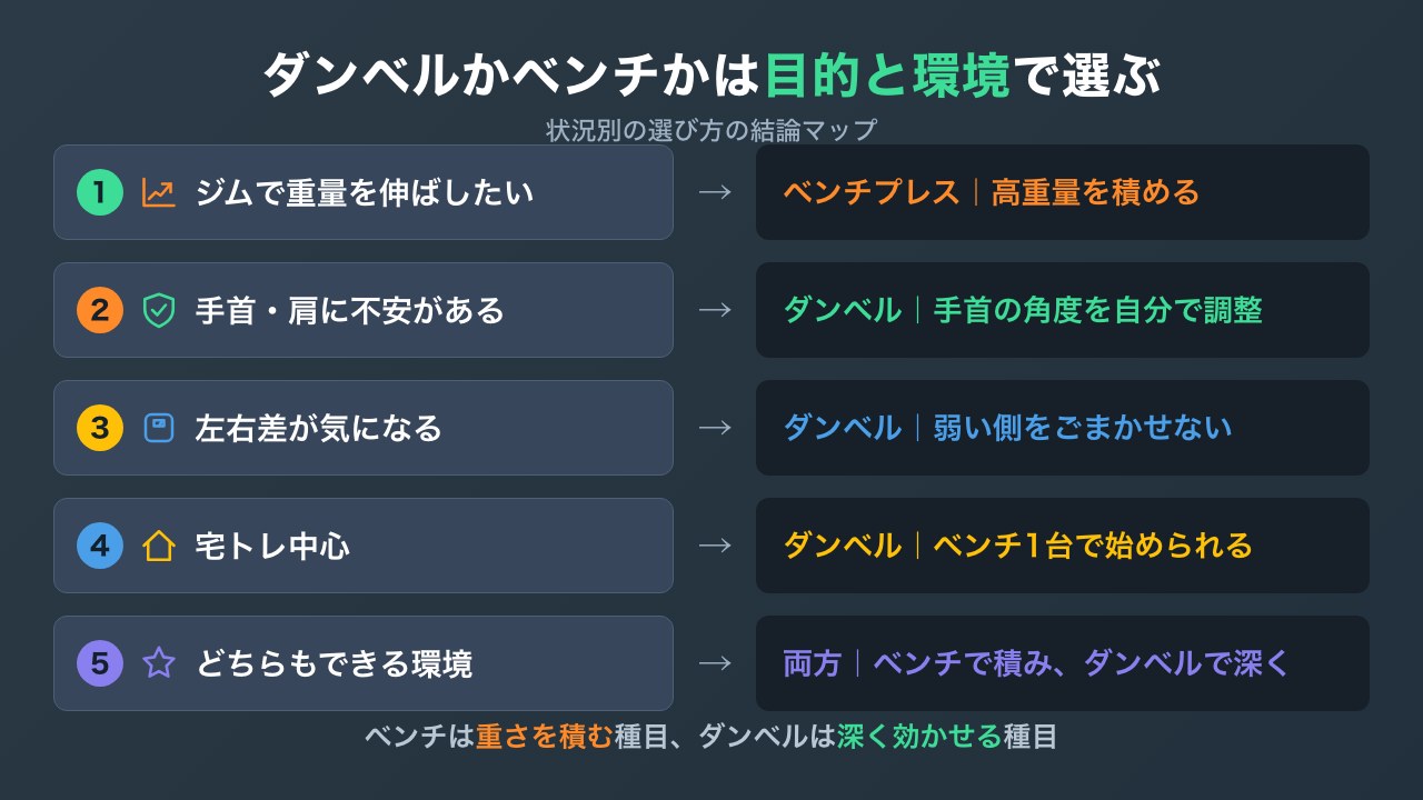 ダンベルプレスとベンチプレスの選び方を状況別にまとめた結論マップの図解