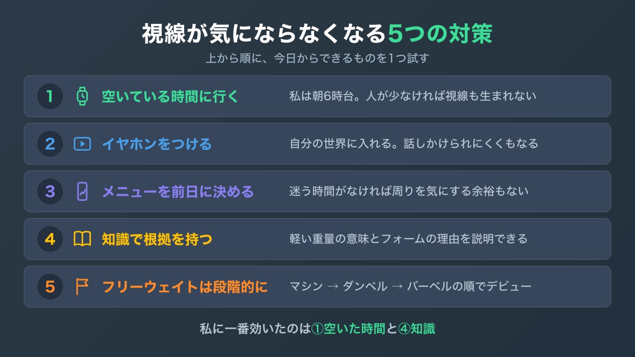 視線が気にならなくなる5つの対策のチェックリスト図解