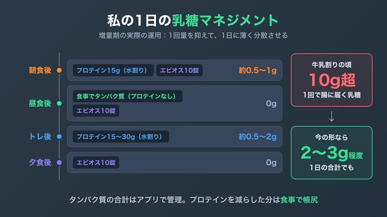 朝食後・昼食後・トレ後・夕食後のプロテインとエビオスの配置と乳糖量、牛乳割り時代との比較を示した図解