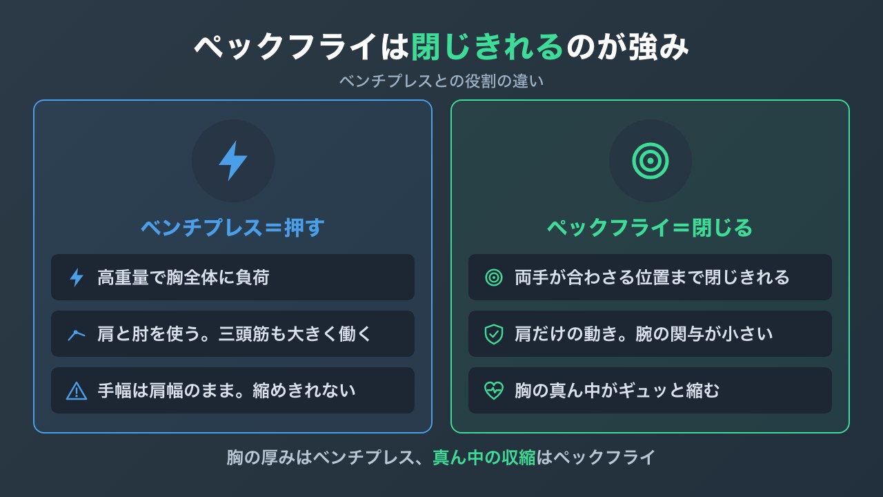 ベンチプレスとペックフライの動きと役割の違いの図解
