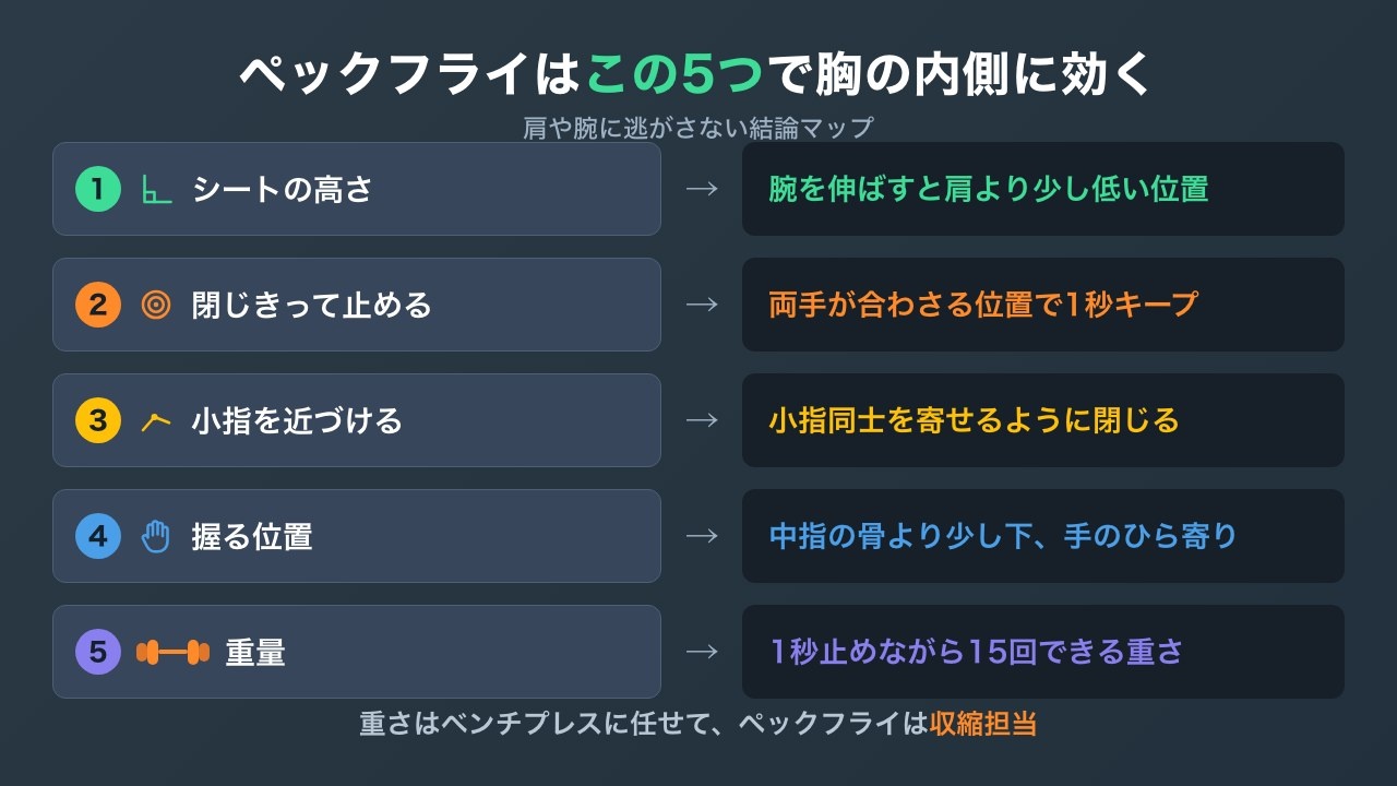 ペックフライで胸の内側に効かせる5つのポイントの図解