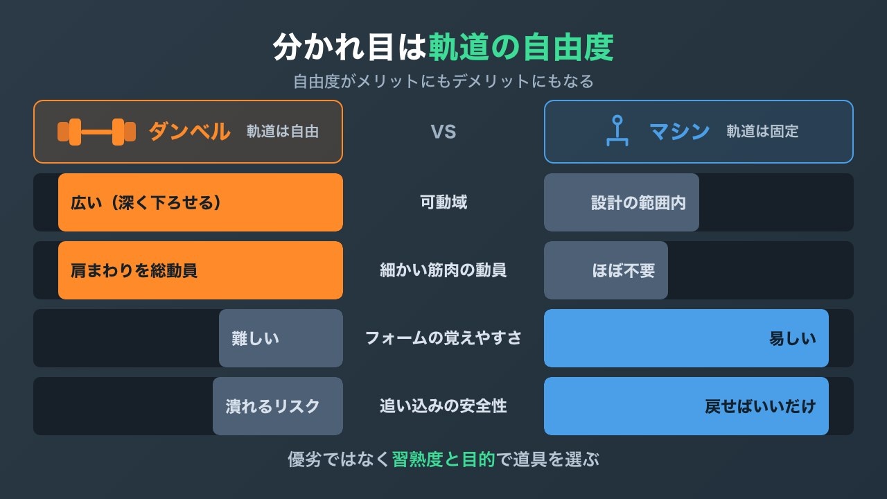 ダンベルとマシンのショルダープレスを可動域・細かい筋肉の動員・フォームの覚えやすさ・追い込みの安全性で左右に比べた図解