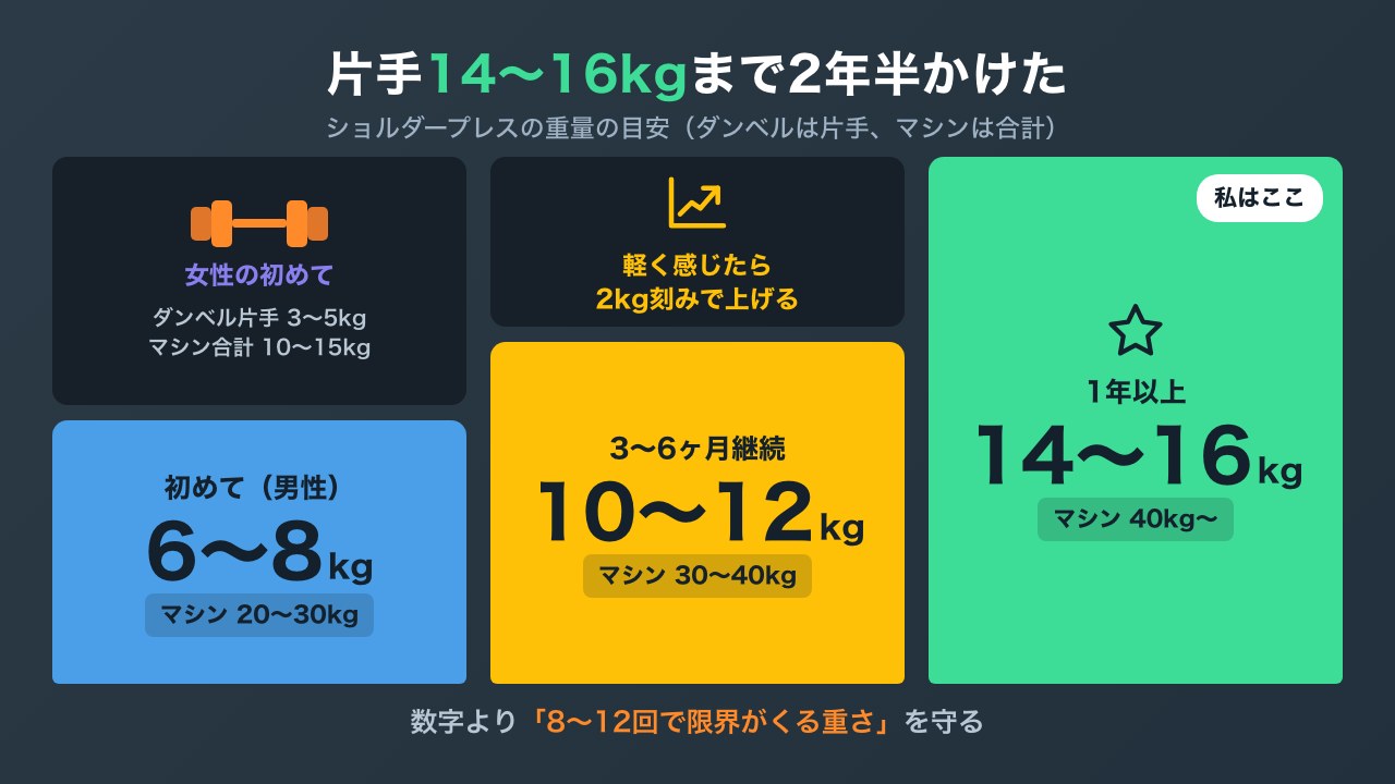 ショルダープレスの重量の目安が初めて6〜8kg、3〜6ヶ月で10〜12kg、1年以上で14〜16kgと上がっていく階段状の図解