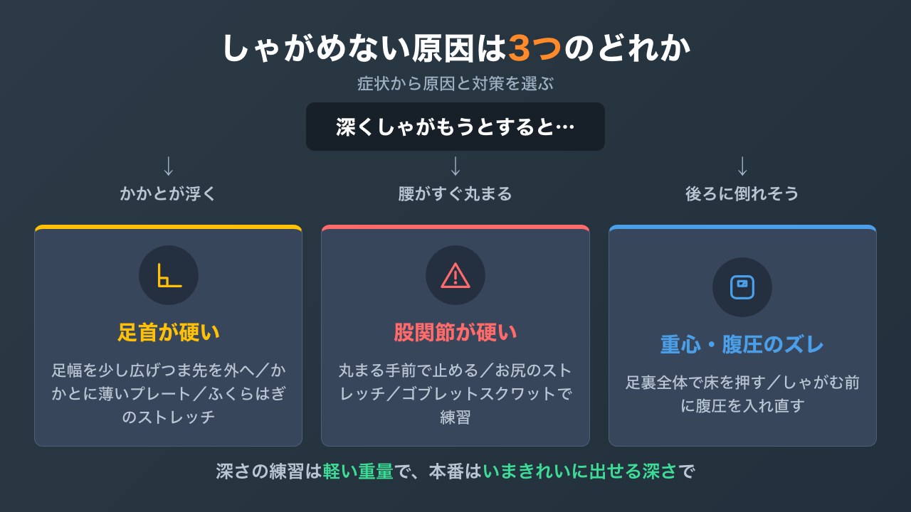 深くしゃがめない原因別の対策を分岐で示した図解
