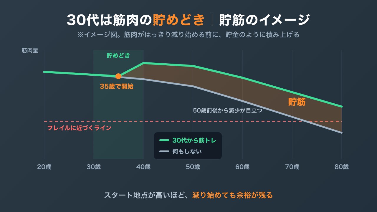 年齢と筋肉量の推移イメージと貯筋の図解